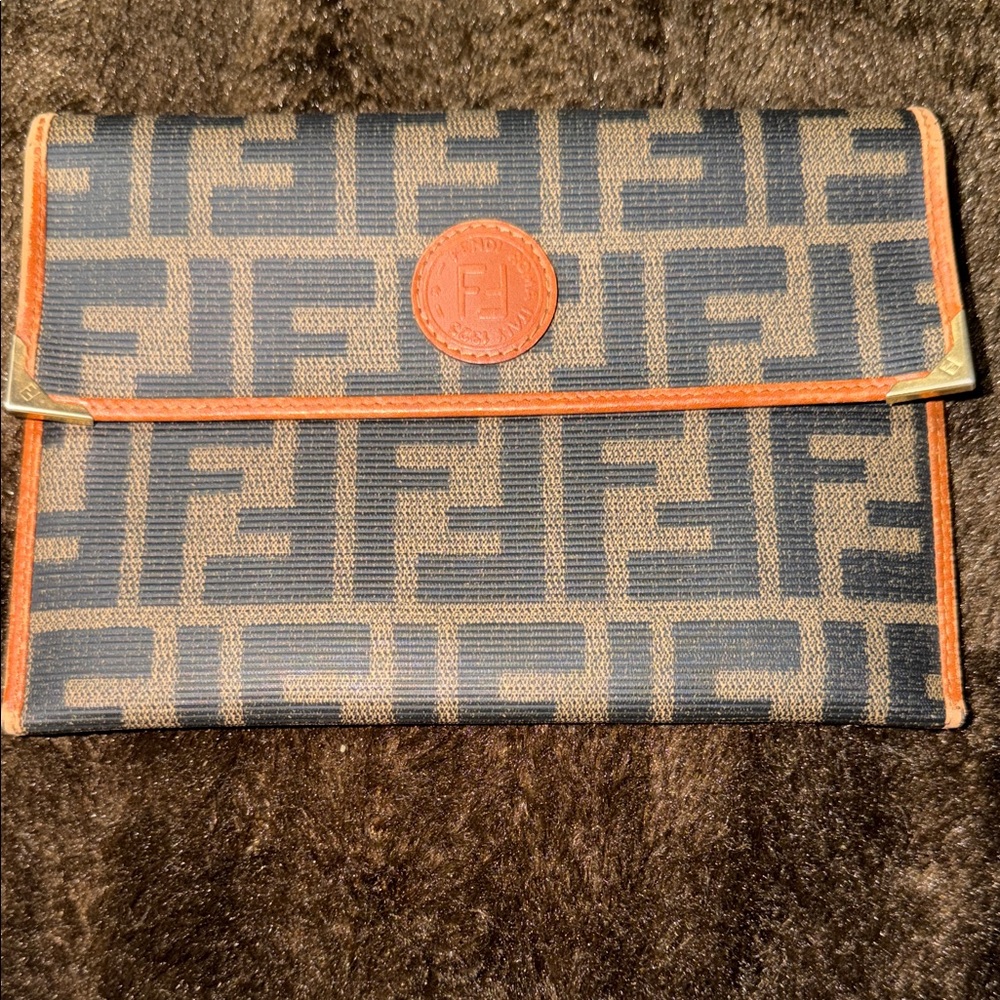 Fendi vintage Brown and Black Monogram Pouch with Orange Trim zucca